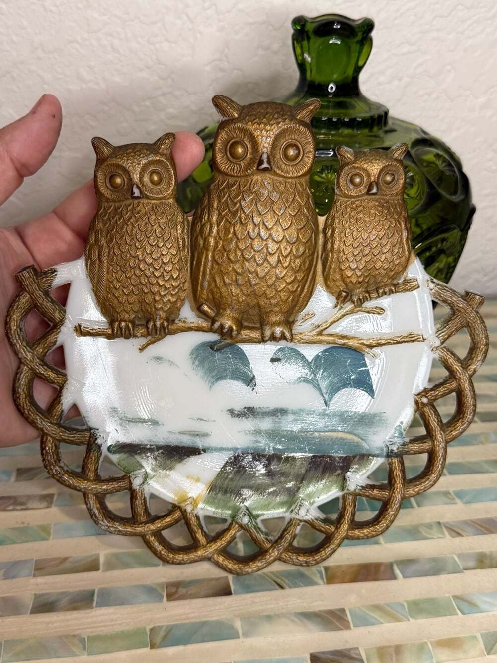 Westmoreland Milk Glass Three Owls Wall Plate Pat'd July 2 1901 Hand Painted